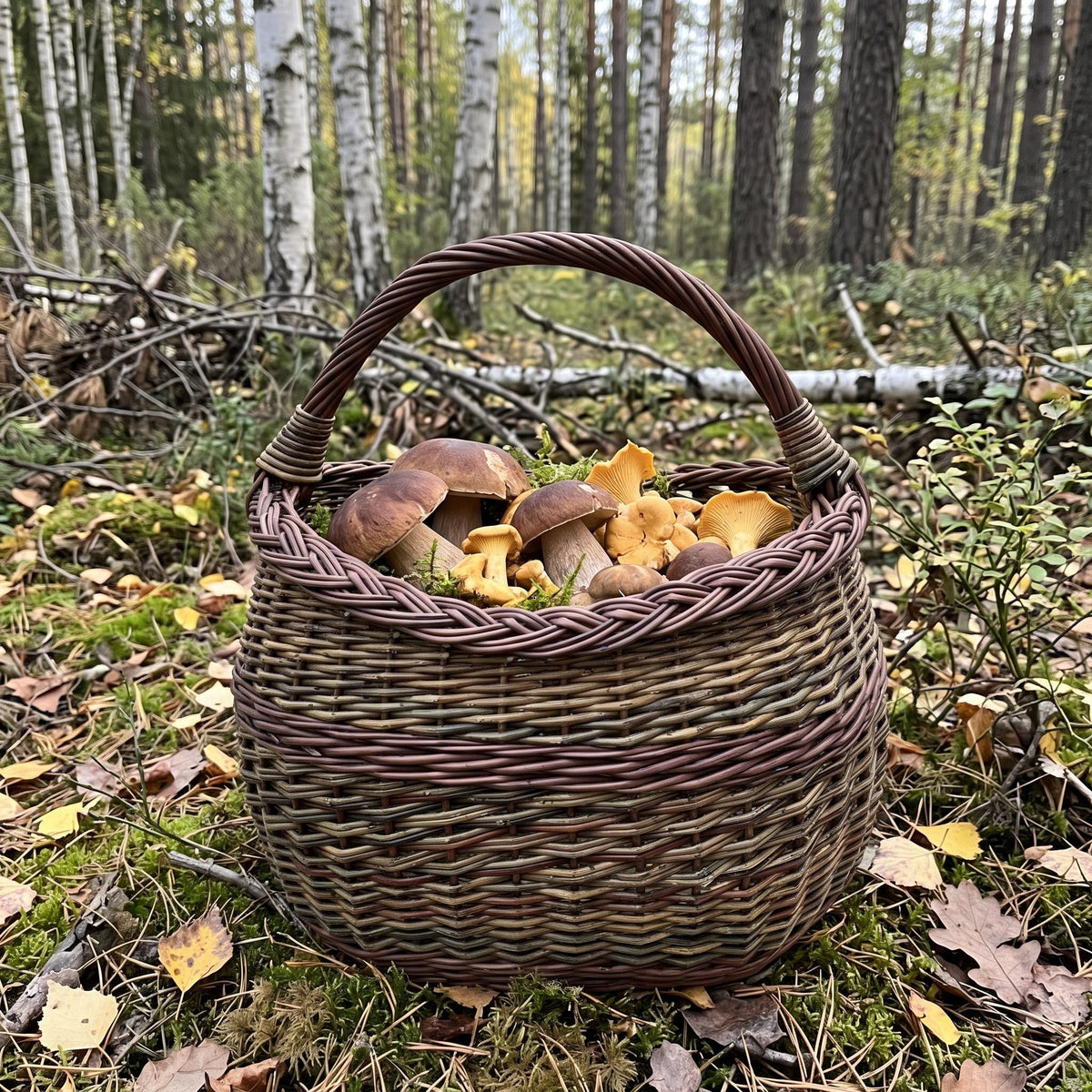 Handwoven willow basket with a braided rim and arched handle filled with forest mushrooms on fallen leaves in a birch wood