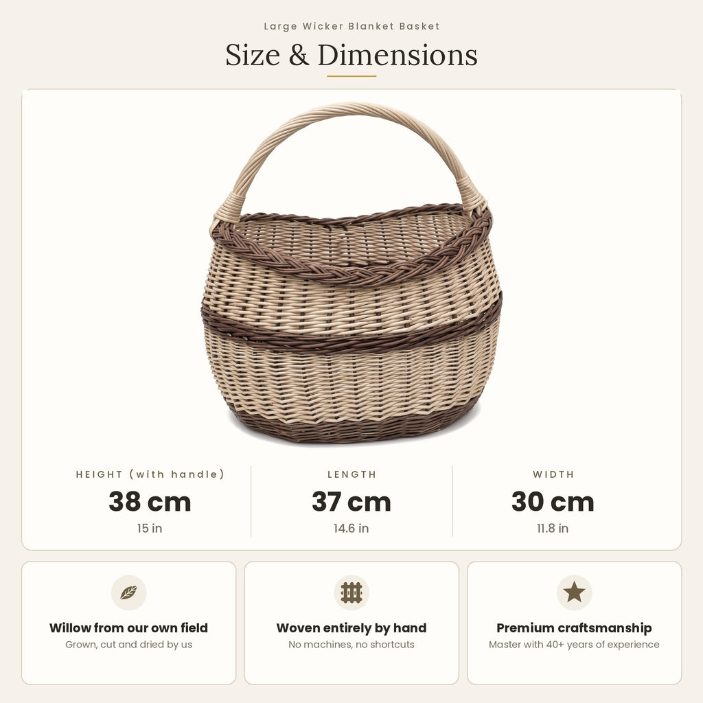 Size chart for the oval wicker basket with handle showing 38 cm height with handle, 37 cm length and 30 cm width