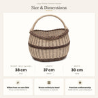Size chart for the oval wicker basket with handle showing 38 cm height with handle, 37 cm length and 30 cm width