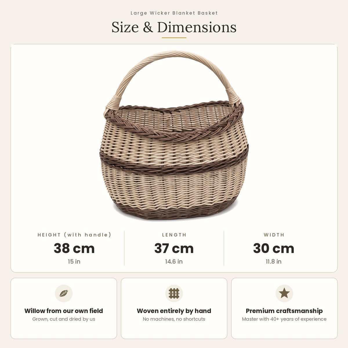 Size chart for the oval wicker basket with handle showing 38 cm height with handle, 37 cm length and 30 cm width
