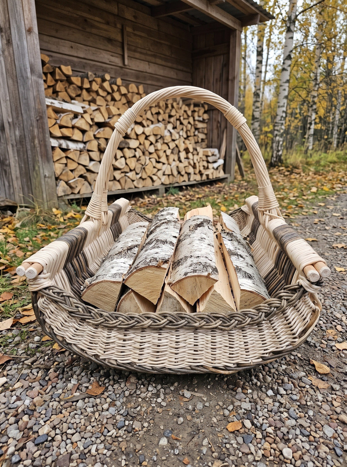 Long wicker firewood basket with a tall arched handle, handwoven from willow and loaded with split birch logs on a gravel yard beside a woodshed.