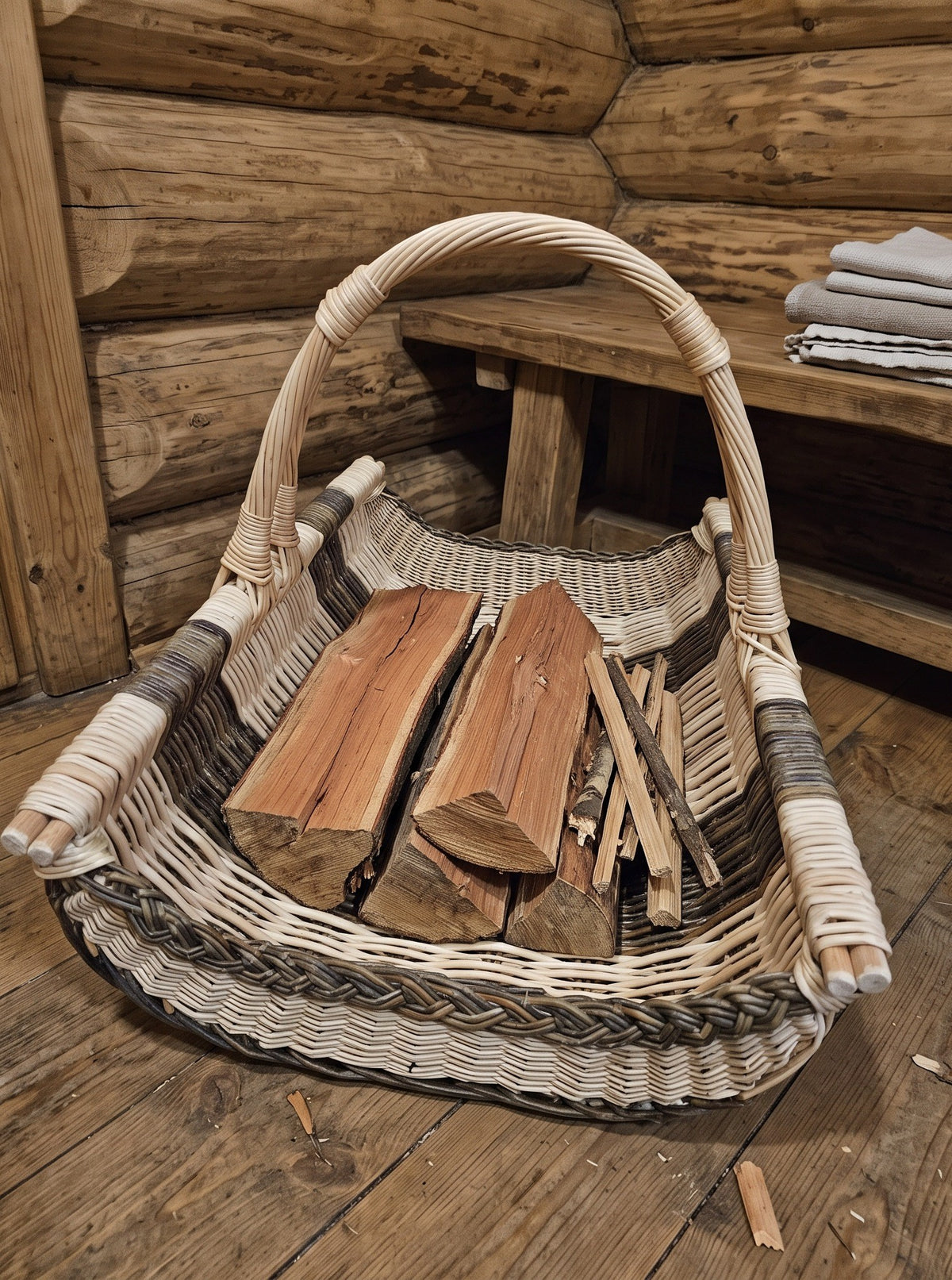 Handwoven willow log tray with an arched handle holding split firewood and kindling on a wooden floor inside a log cabin.