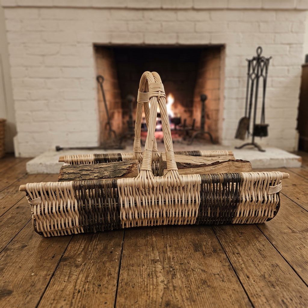 Long low willow firewood basket with an arched handle standing on old floorboards in front of an open fireplace with a burning fire.