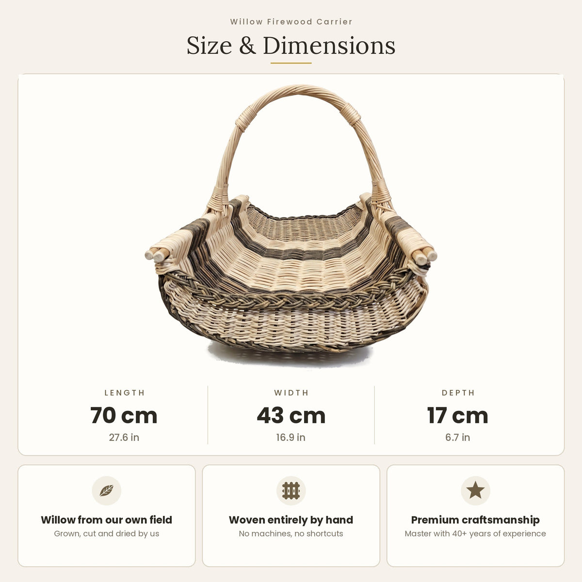 Size chart for the long handwoven willow firewood basket showing 70 cm length, 43 cm width and 17 cm height without handle.