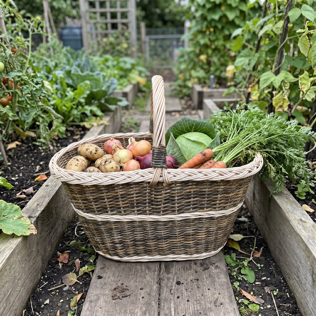 Large oval willow harvest basket with handle filled with potatoes, carrots, cabbage and onions on a wooden board in a vegetable garden