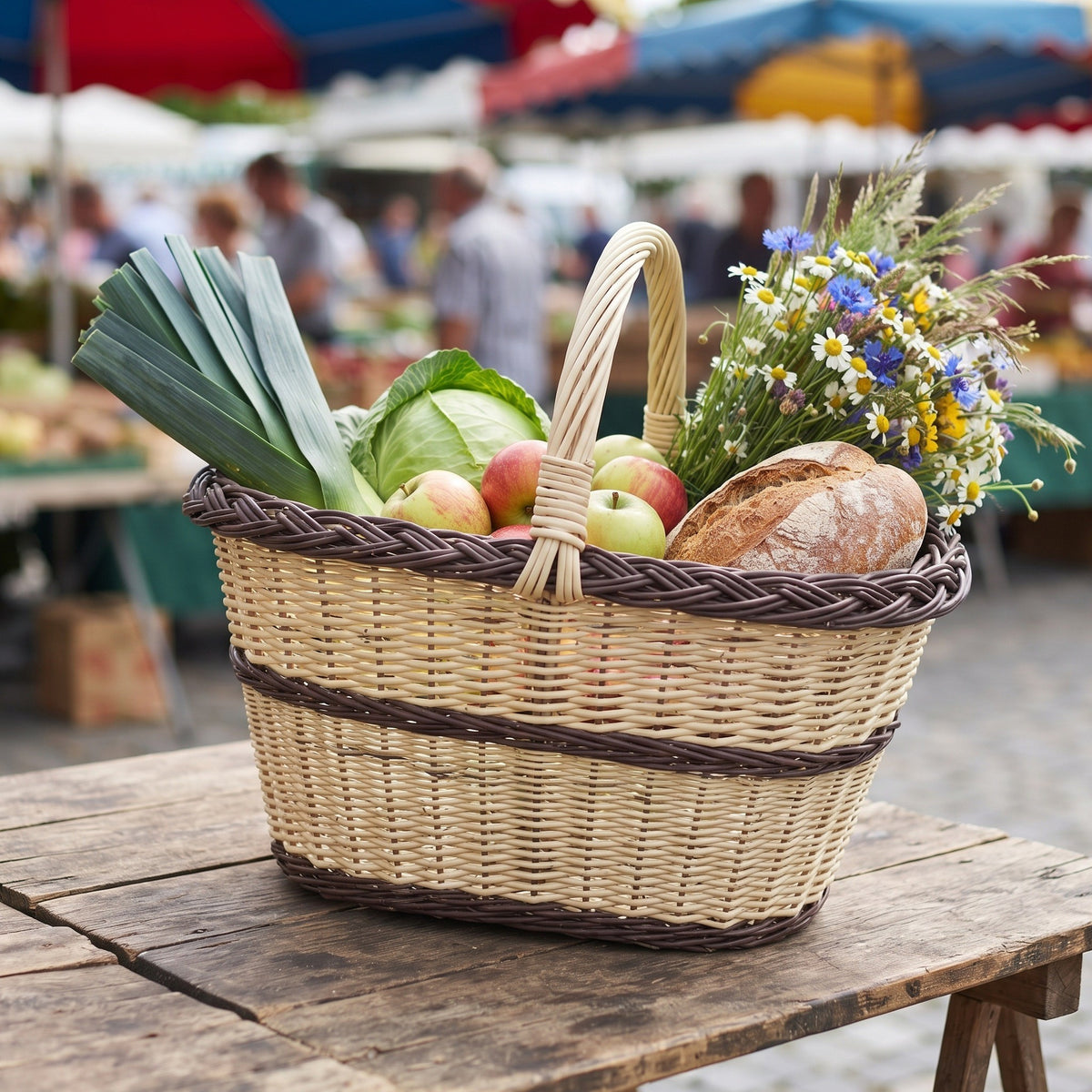 Large oval willow shopping basket with a braided rim and arched handle holding leeks, cabbage, apples and a loaf of bread at a market