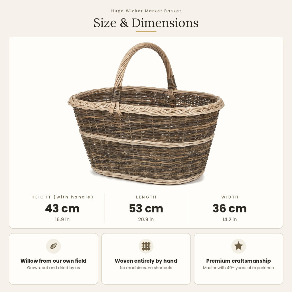 Size chart for the large handwoven willow harvest basket showing 43 cm height with handle, 53 cm length and 36 cm width
