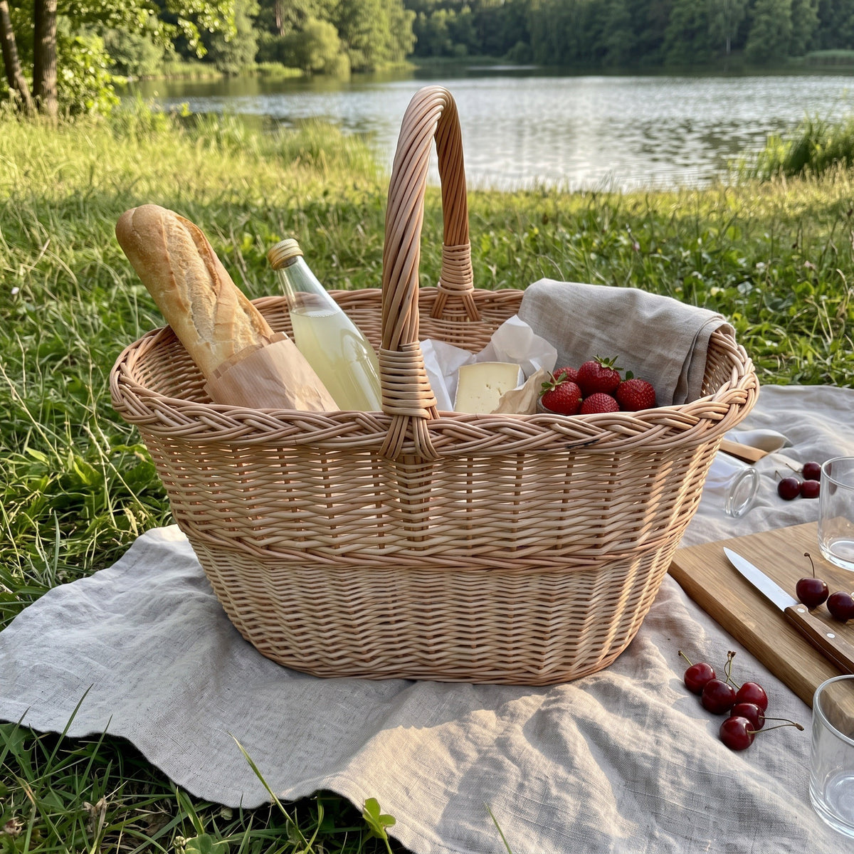 Oval wicker picnic carrier woven from willow with a baguette, cheese, cherries and a bottle of lemonade on a linen blanket by a lake