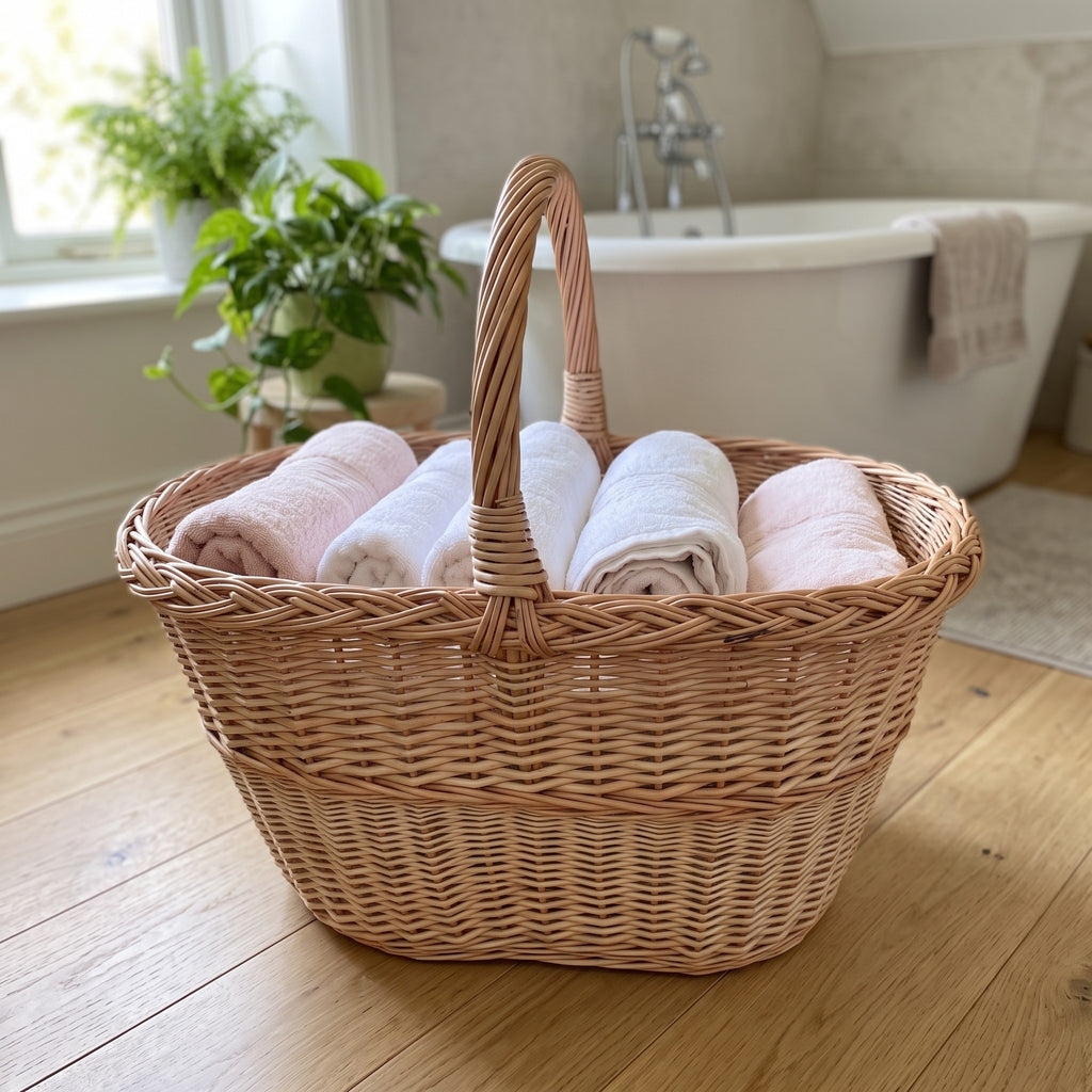 Large oval wicker storage basket with handle holding rolled bath towels on a wooden floor in a bright bathroom with a freestanding tub
