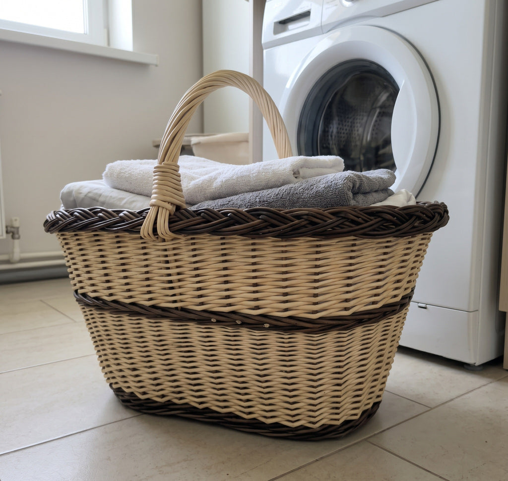 Handwoven willow laundry basket with an arched handle and braided rim, holding folded towels on a tiled floor beside a washing machine