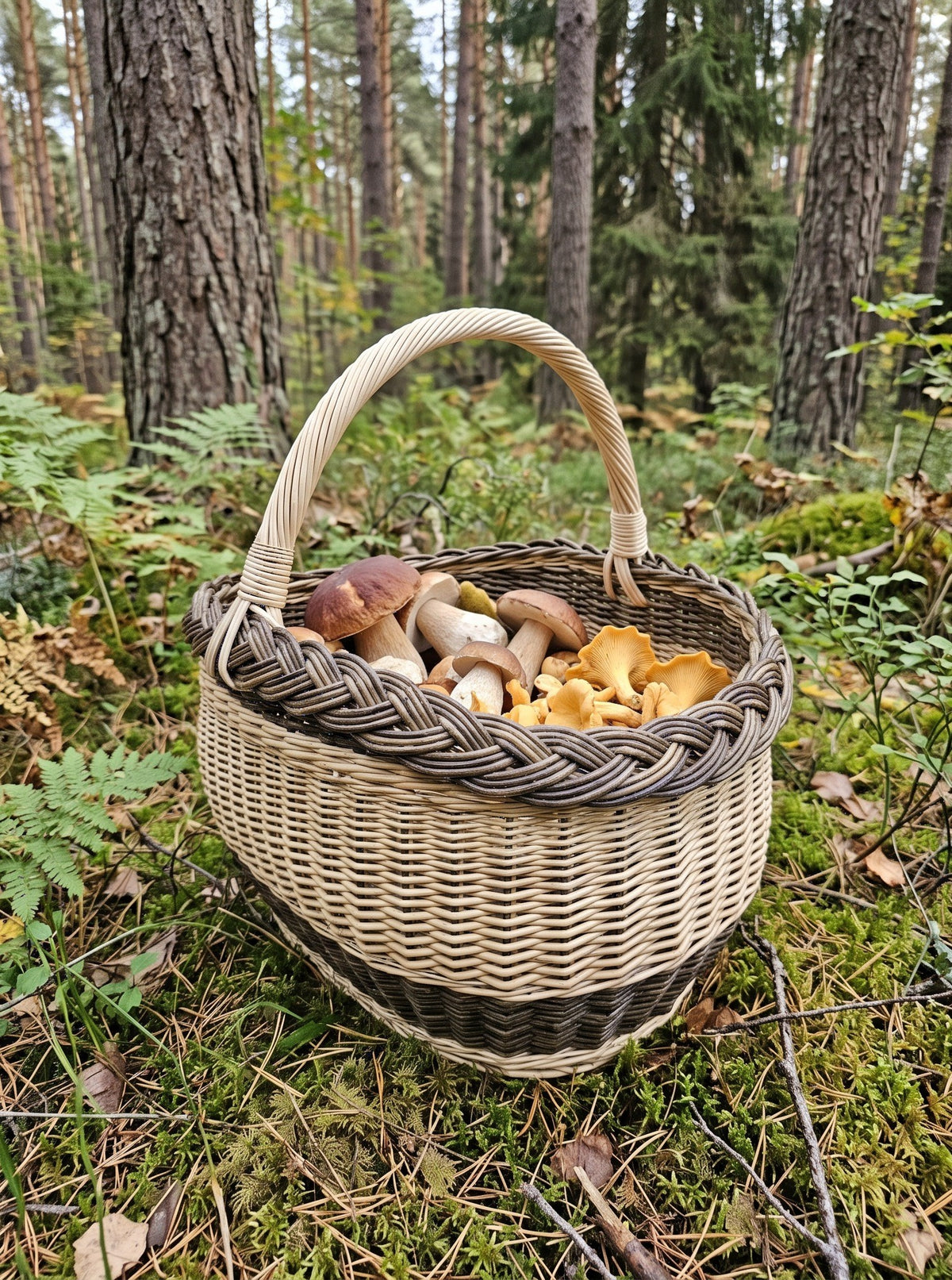 Handwoven willow mushroom foraging basket with handle full of porcini and chanterelles on mossy ground in a pine forest