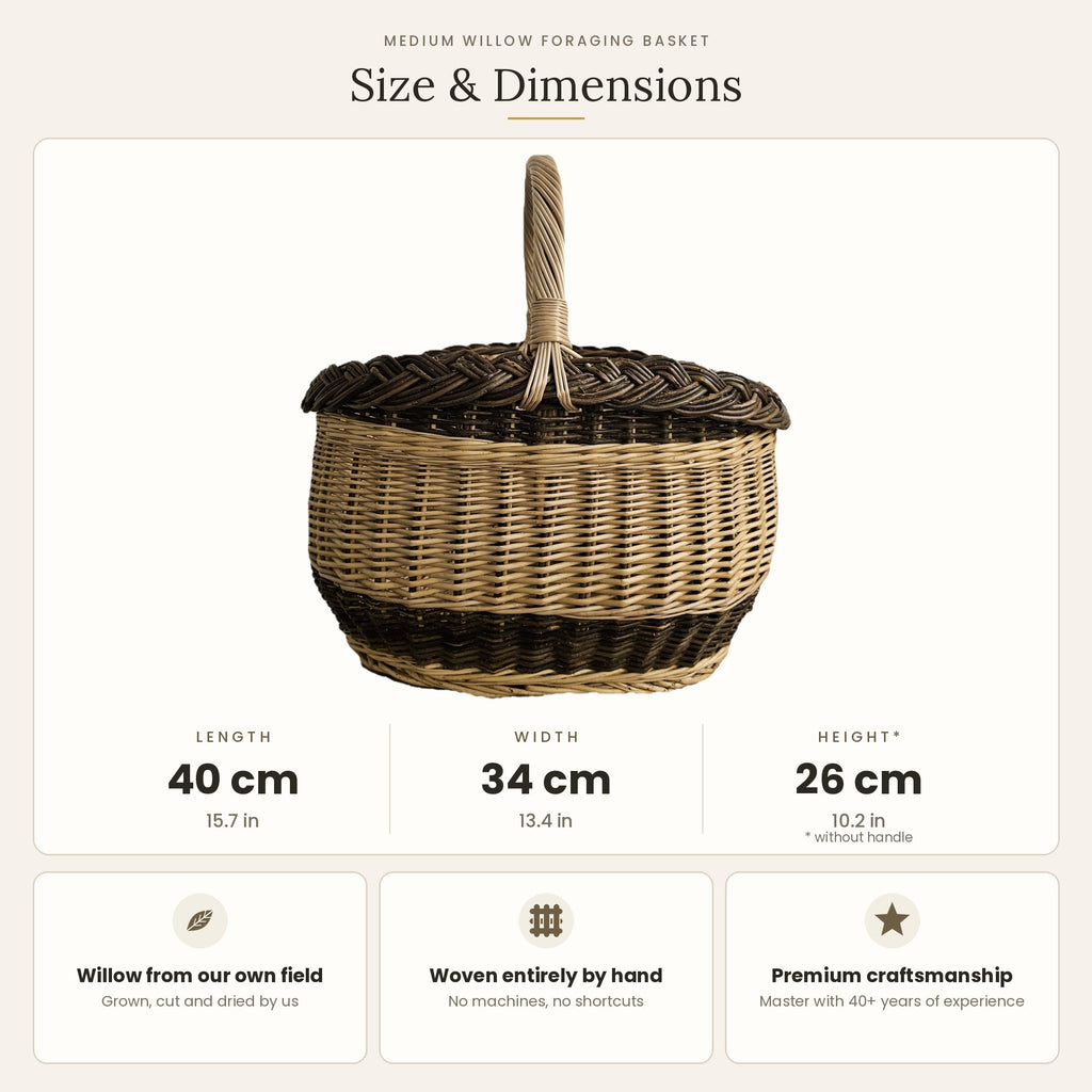 Size chart for the willow mushroom foraging basket showing 40 cm length, 34 cm width and 26 cm height without handle