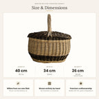 Size chart for the willow mushroom foraging basket showing 40 cm length, 34 cm width and 26 cm height without handle