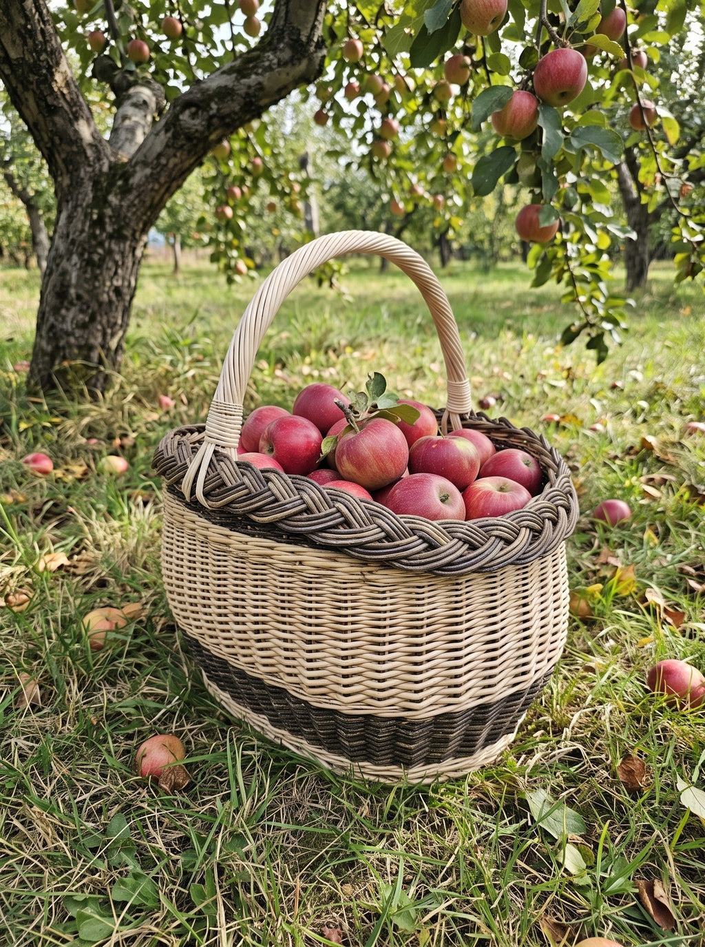 Willow mushroom foraging basket with arched handle full of freshly picked red apples on the grass under an apple tree