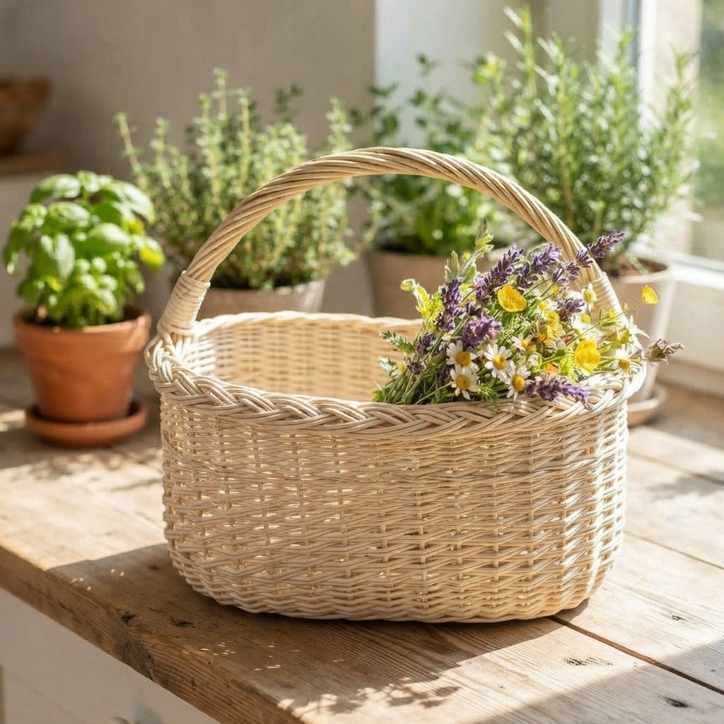 Small oval willow egg gathering basket with handle holding a bunch of wildflowers on a sunny windowsill table with potted herbs