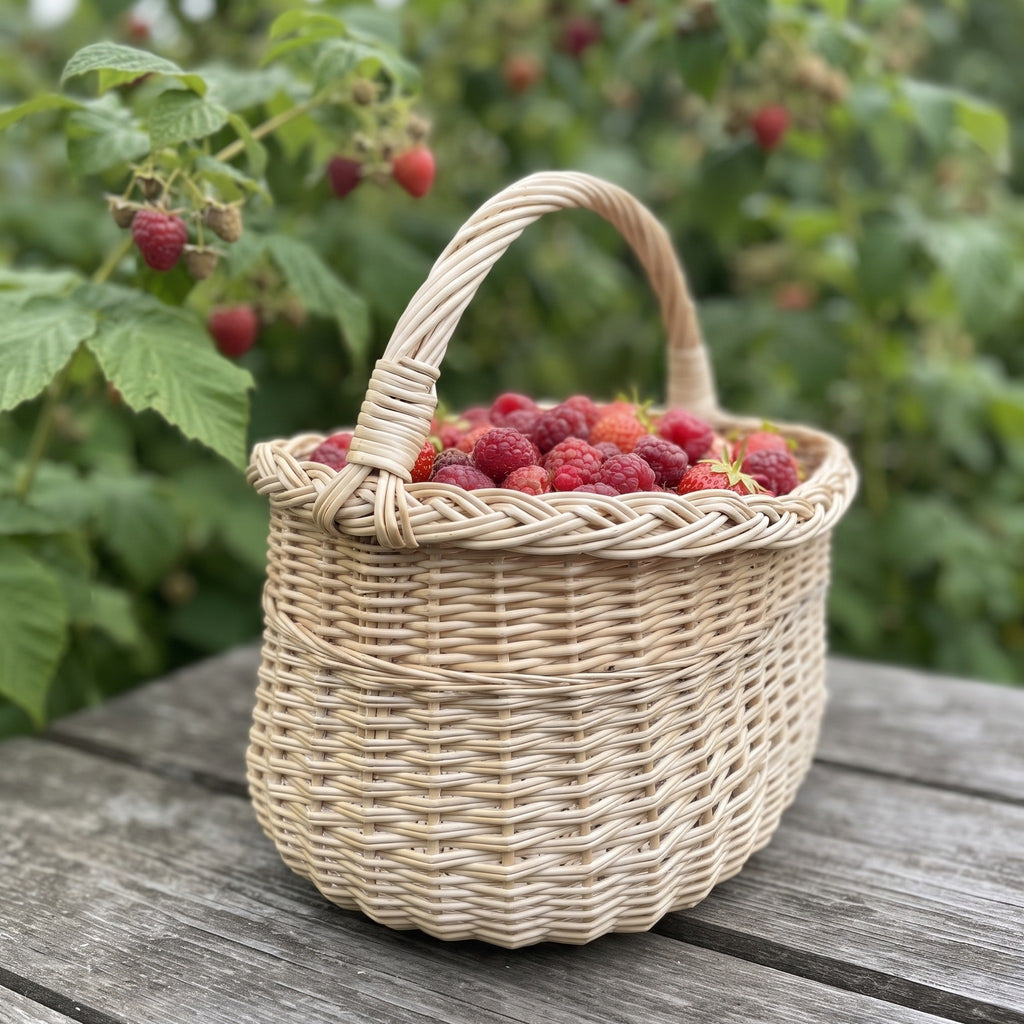 Handwoven egg gathering basket with braided rim filled with fresh raspberries on a garden table beside a raspberry bush