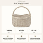 Size chart for the small oval willow egg gathering basket showing 30 cm length, 20 cm width and 30 cm height with handle