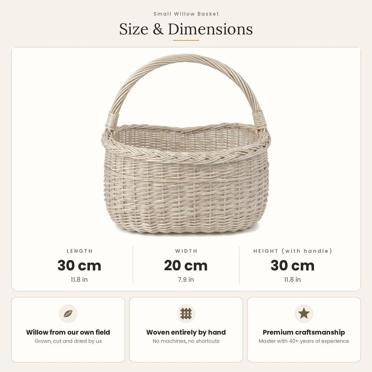 Size chart for the small oval willow egg gathering basket showing 30 cm length, 20 cm width and 30 cm height with handle