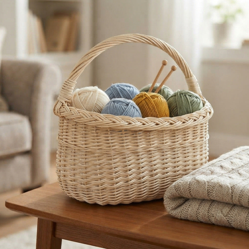 Small wicker basket with handle used as a knitting basket for balls of yarn and needles on a wooden side table in a living room