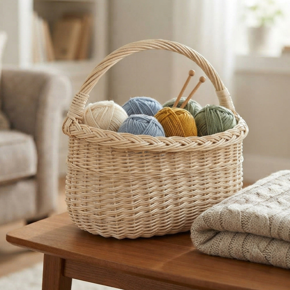 Small wicker basket with handle used as a knitting basket for balls of yarn and needles on a wooden side table in a living room