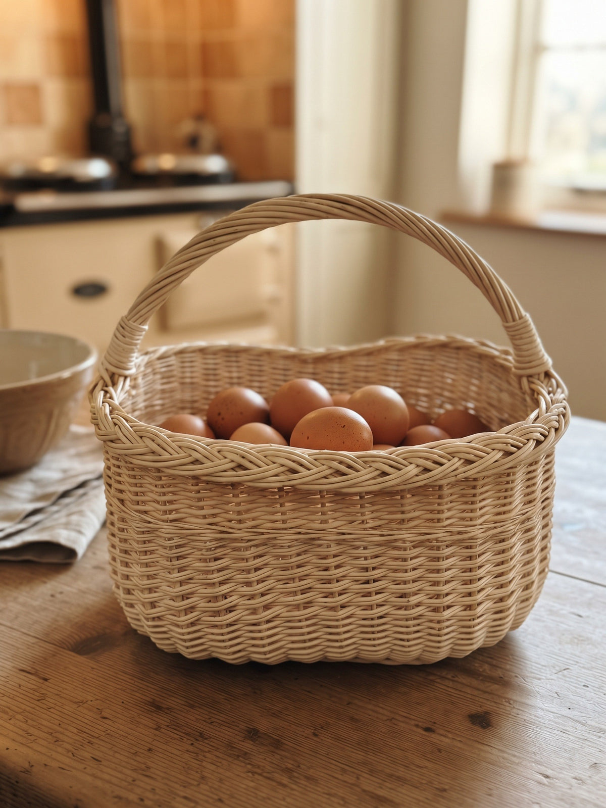 Handwoven egg gathering basket with braided rim filled with fresh hen eggs on a farmhouse kitchen table
