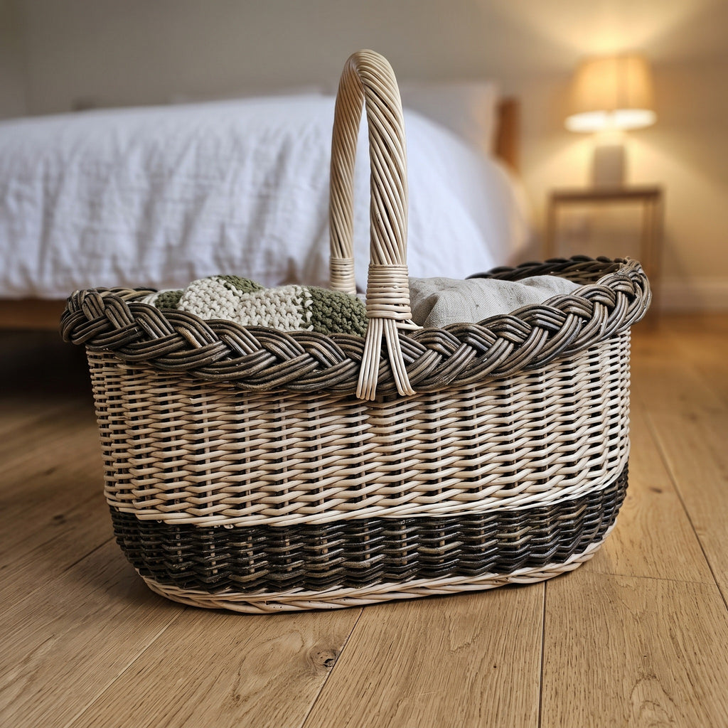 Oval wicker shopping basket with handle, handwoven from willow and filled with folded knitted blankets and linens on a wooden bedroom floor.