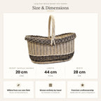 Size chart for the long oval willow basket with handle showing 20 cm height without handle, 44 cm length and 28 cm width.