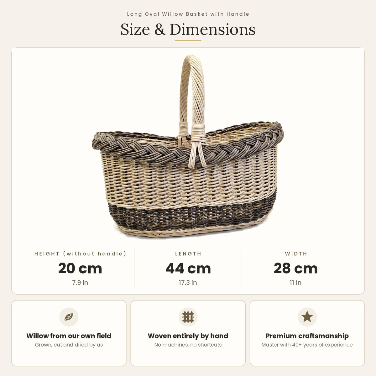 Size chart for the long oval willow basket with handle showing 20 cm height without handle, 44 cm length and 28 cm width.