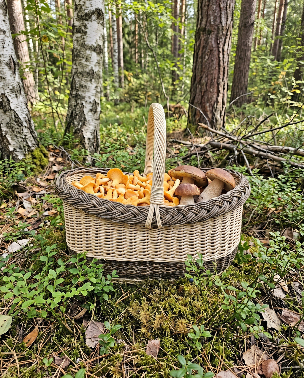 Large oval willow foraging basket filled with chanterelles and porcini mushrooms on the mossy floor of a birch and pine forest.