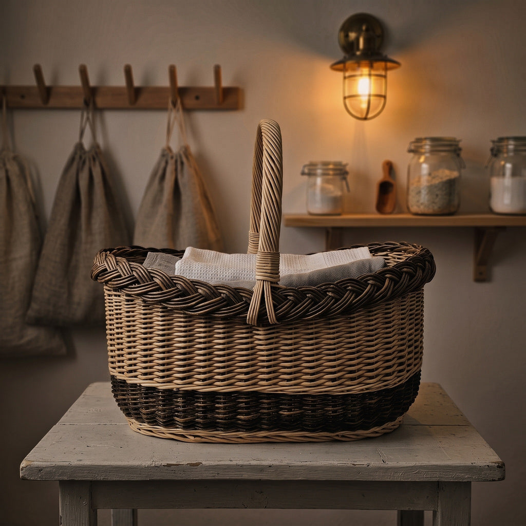 Oval wicker storage basket with braided rim holding folded linen on a rustic table in a pantry with jars, linen bags and a wall lamp.