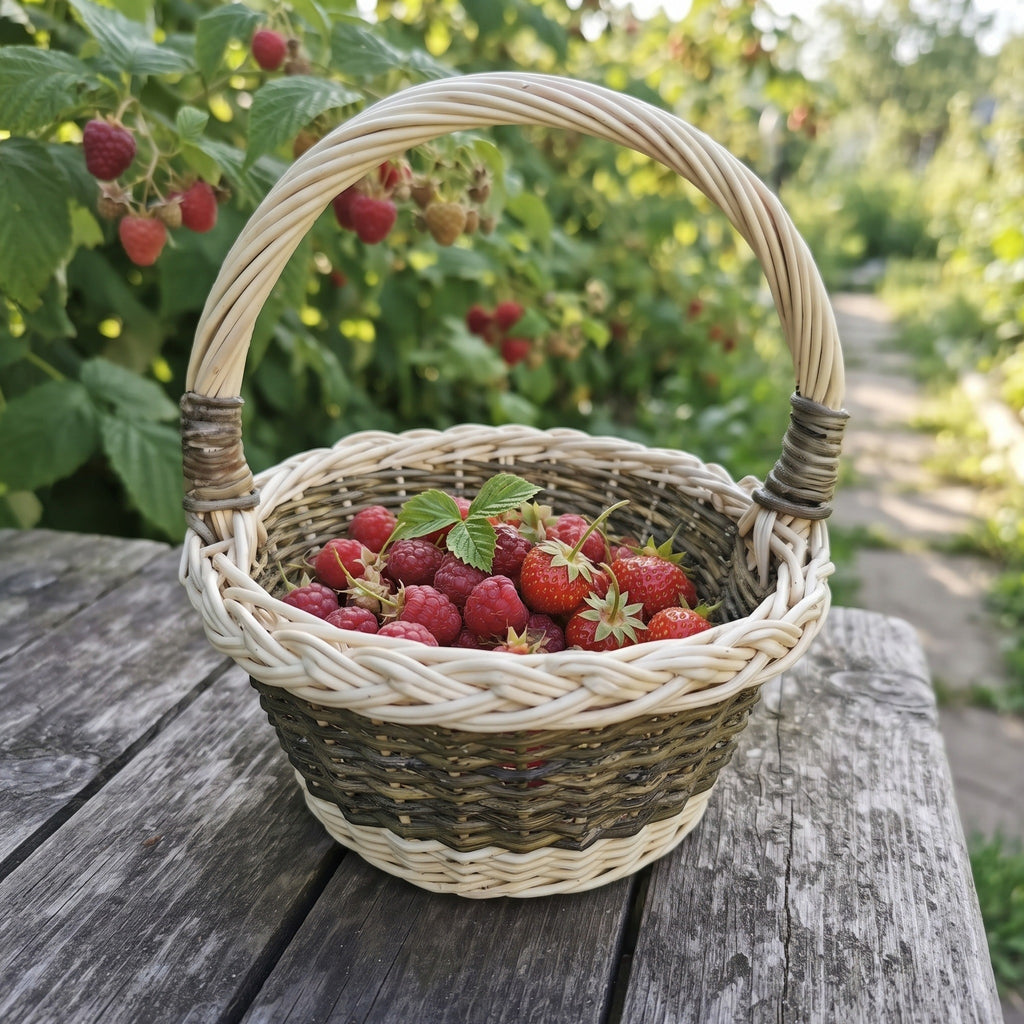 Mini Easter basket with handle, small and round, handwoven from willow with a braided rim and filled with fresh raspberries on a garden table.