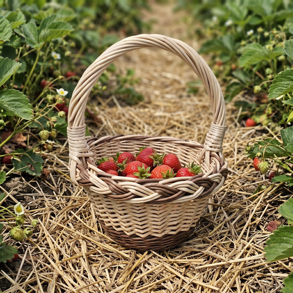 Mini Easter basket with handle, handwoven from willow with a braided rim, holding fresh strawberries on straw between the rows of a strawberry patch.