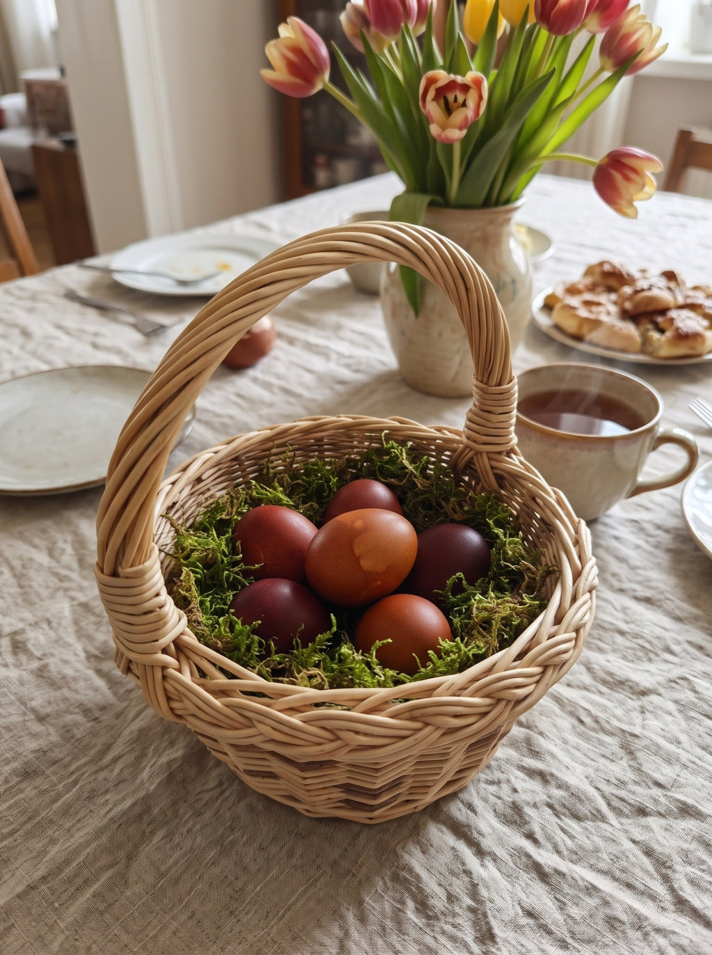 Small round willow Easter basket with an arched handle holding dyed eggs on moss, set on a linen-covered table with tulips and pastries.