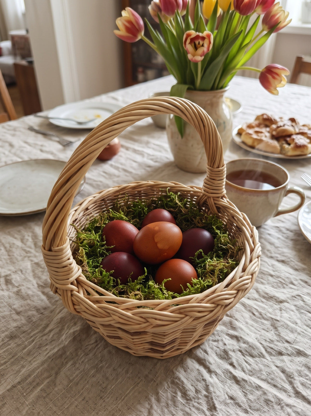 Small round willow Easter basket with an arched handle holding dyed eggs on moss, set on a linen-covered table with tulips and pastries.