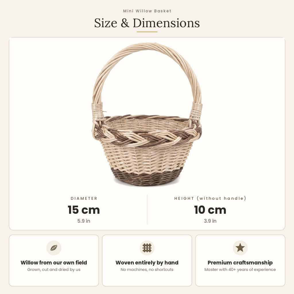 Size chart for the mini round handwoven willow basket showing 15 cm diameter and 10 cm height without handle.