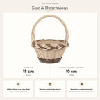 Size chart for the mini round handwoven willow basket showing 15 cm diameter and 10 cm height without handle.