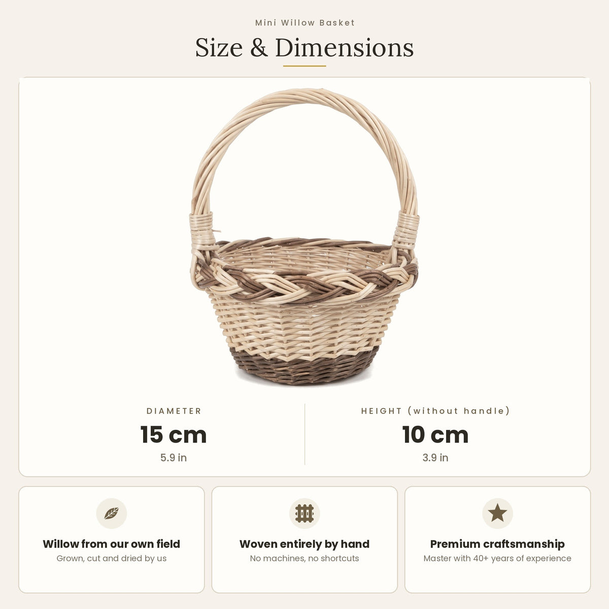 Size chart for the mini round handwoven willow basket showing 15 cm diameter and 10 cm height without handle.