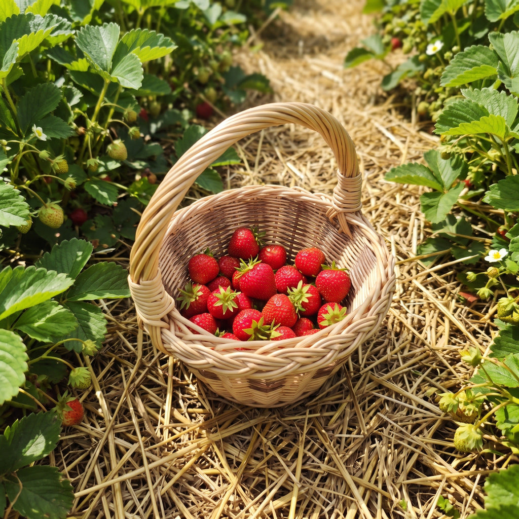 Mini willow basket with an arched handle full of freshly picked strawberries, standing on straw between strawberry plants.
