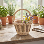 Small handwoven willow gift basket with a handle holding wildflowers and lavender on a sunny windowsill among potted herbs.
