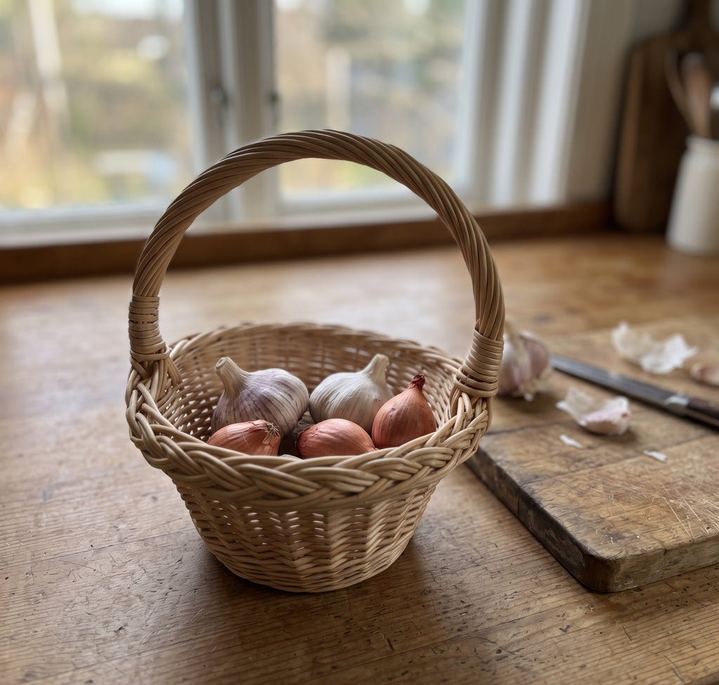 Mini round willow basket with a handle holding garlic bulbs and shallots on a kitchen counter beside a wooden chopping board.