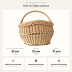 Size chart for the small oval willow basket with handle showing 21 cm height without handle, 31 cm length and 21 cm width