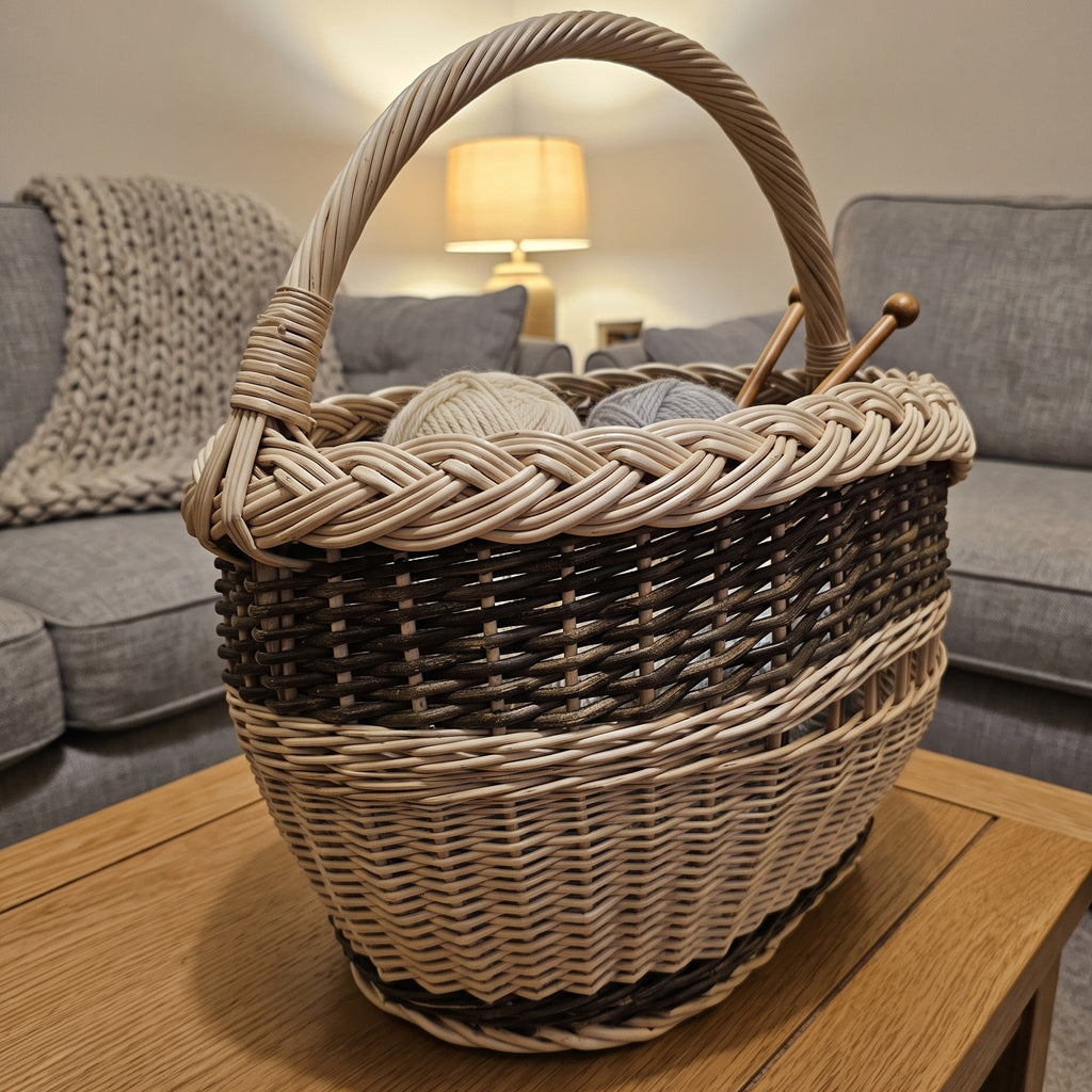 Oval wicker yarn basket with a braided rim holding balls of wool and knitting needles on a coffee table in a cosy living room