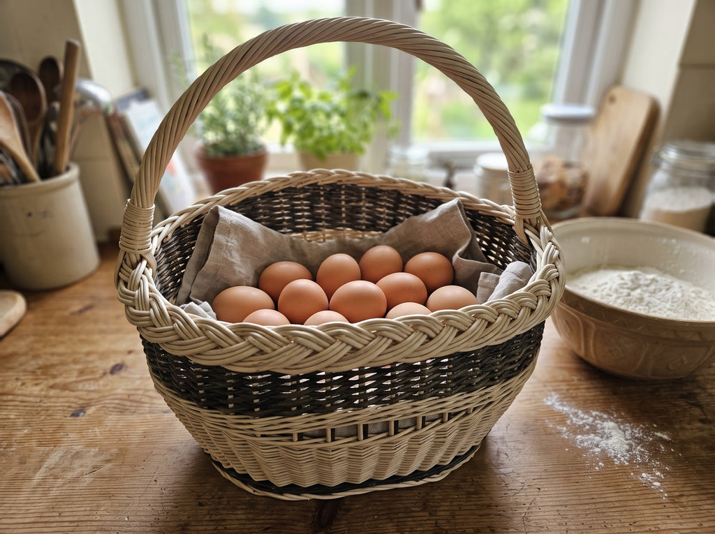 Small handwoven willow basket with handle lined with linen and filled with fresh eggs on a kitchen table beside a flour bowl