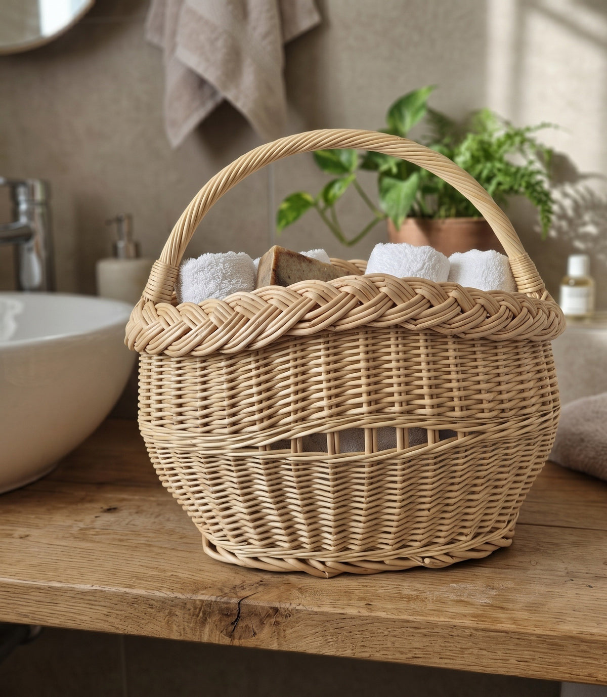 Small wicker storage basket with a braided rim holding rolled towels on a wooden bathroom counter beside a basin