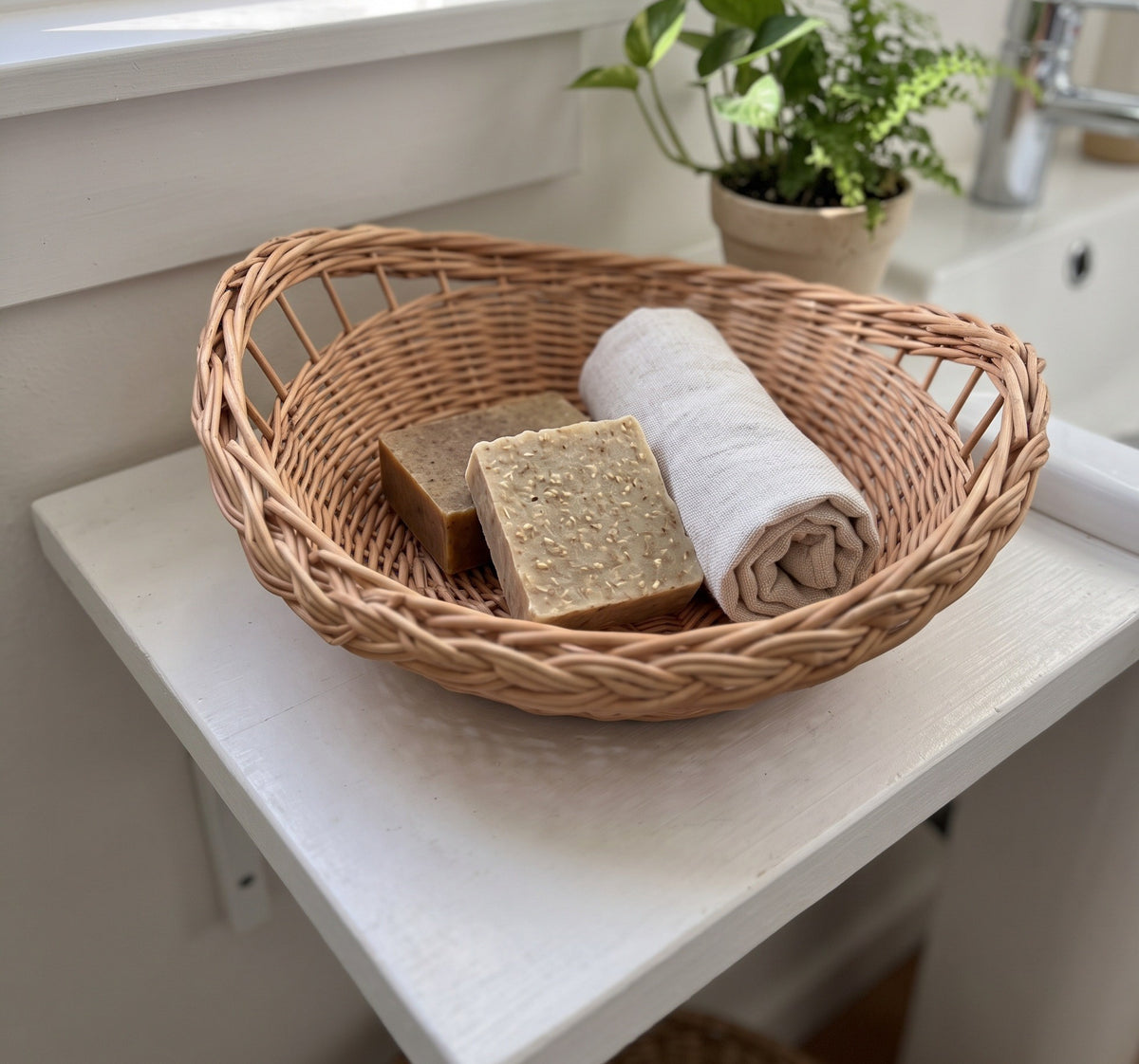 Small wicker bread bowl with a braided rim holding handmade soap bars and a rolled towel on a white bathroom shelf by a plant
