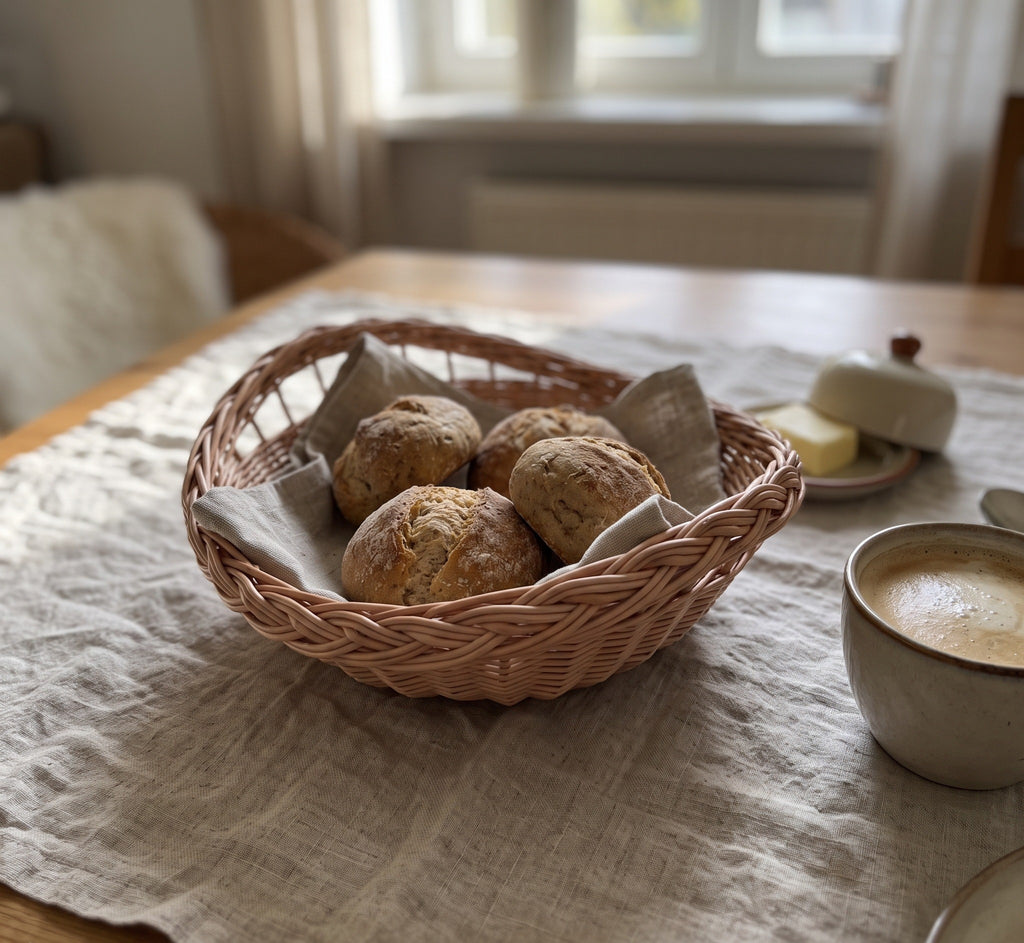Small wicker bread bowl lined with a linen napkin holding fresh bread rolls on a breakfast table next to butter and coffee
