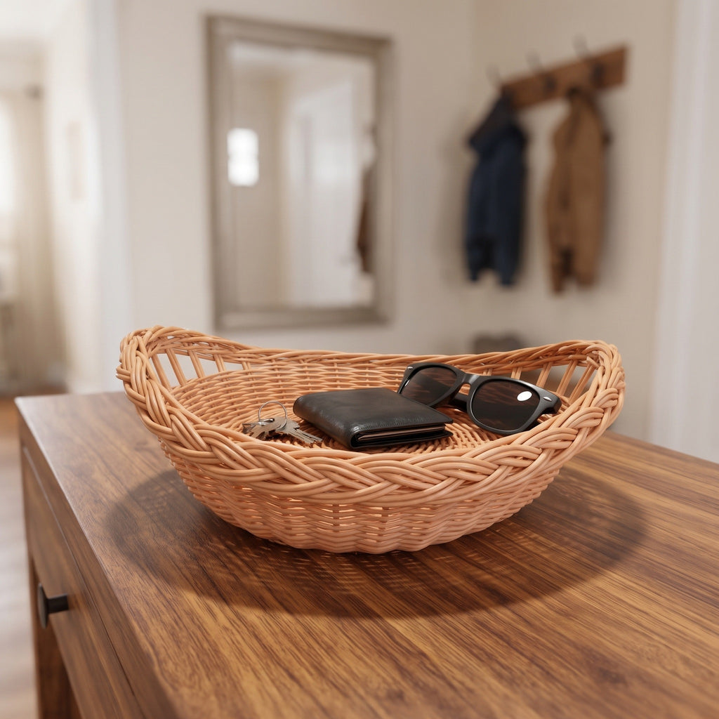 Small willow bowl with braided rim used as a catch-all for a wallet and sunglasses on a wooden hallway dresser