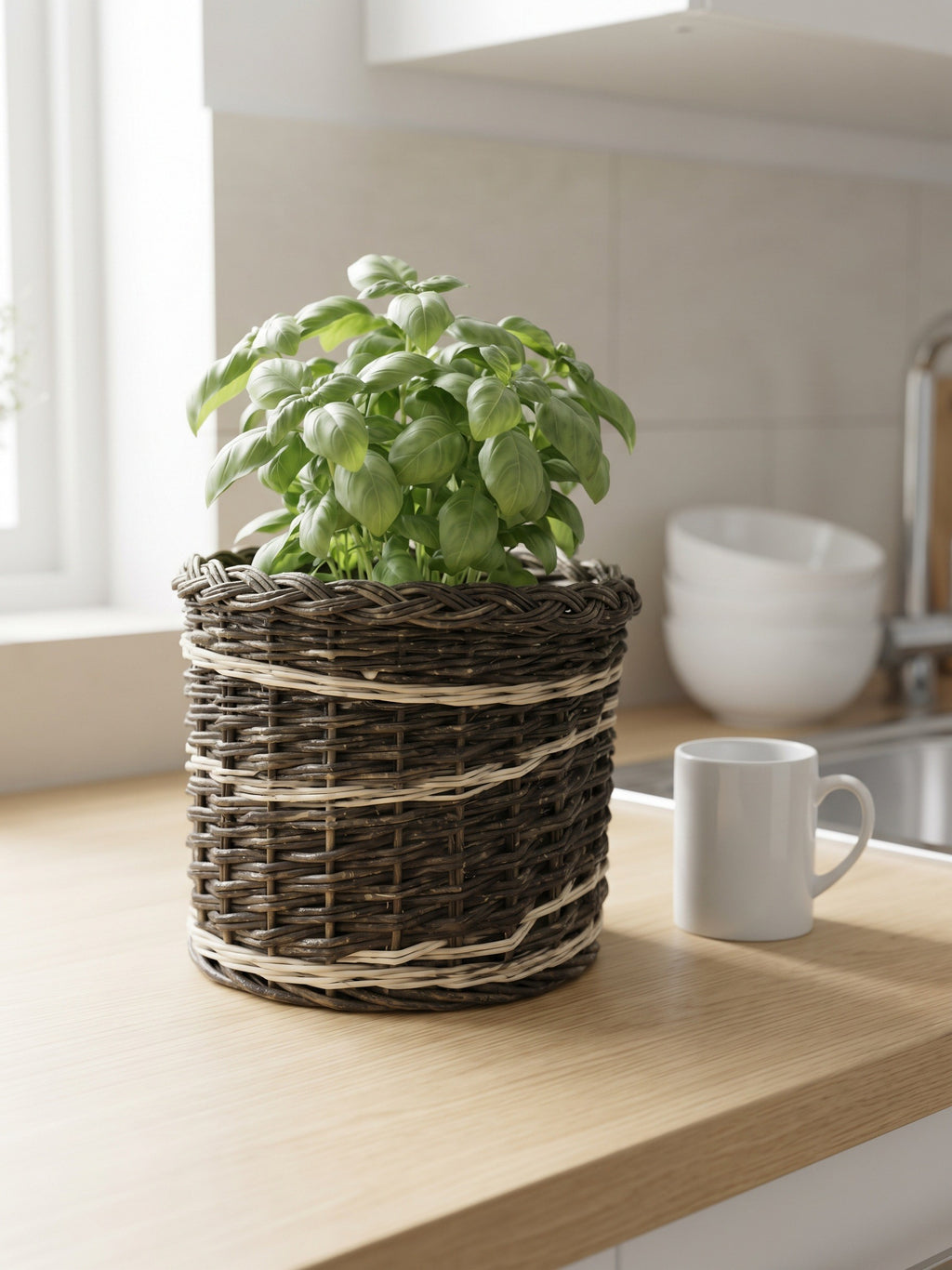 Small handwoven willow pot cover with a braided rim holding fresh basil on a bright kitchen counter next to a mug.
