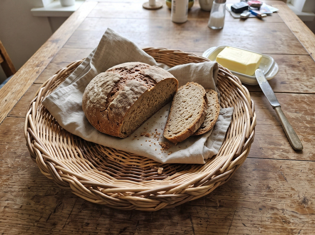 Round wicker bread basket with braided rim holding a sliced sourdough loaf on a linen cloth on a wooden kitchen table with butter.
