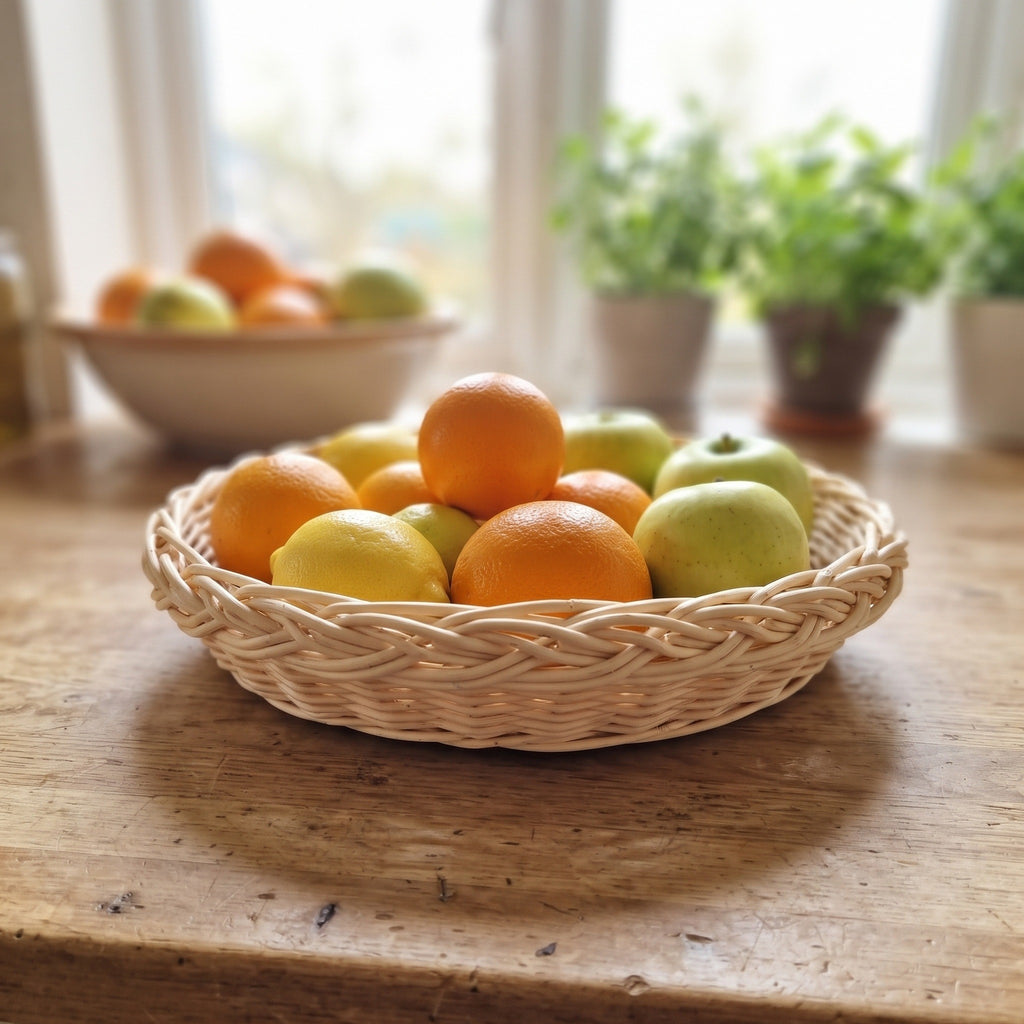 Wicker fruit bowl full of oranges, lemons and green apples on a sunlit wooden counter, a ceramic fruit bowl and potted herbs behind.